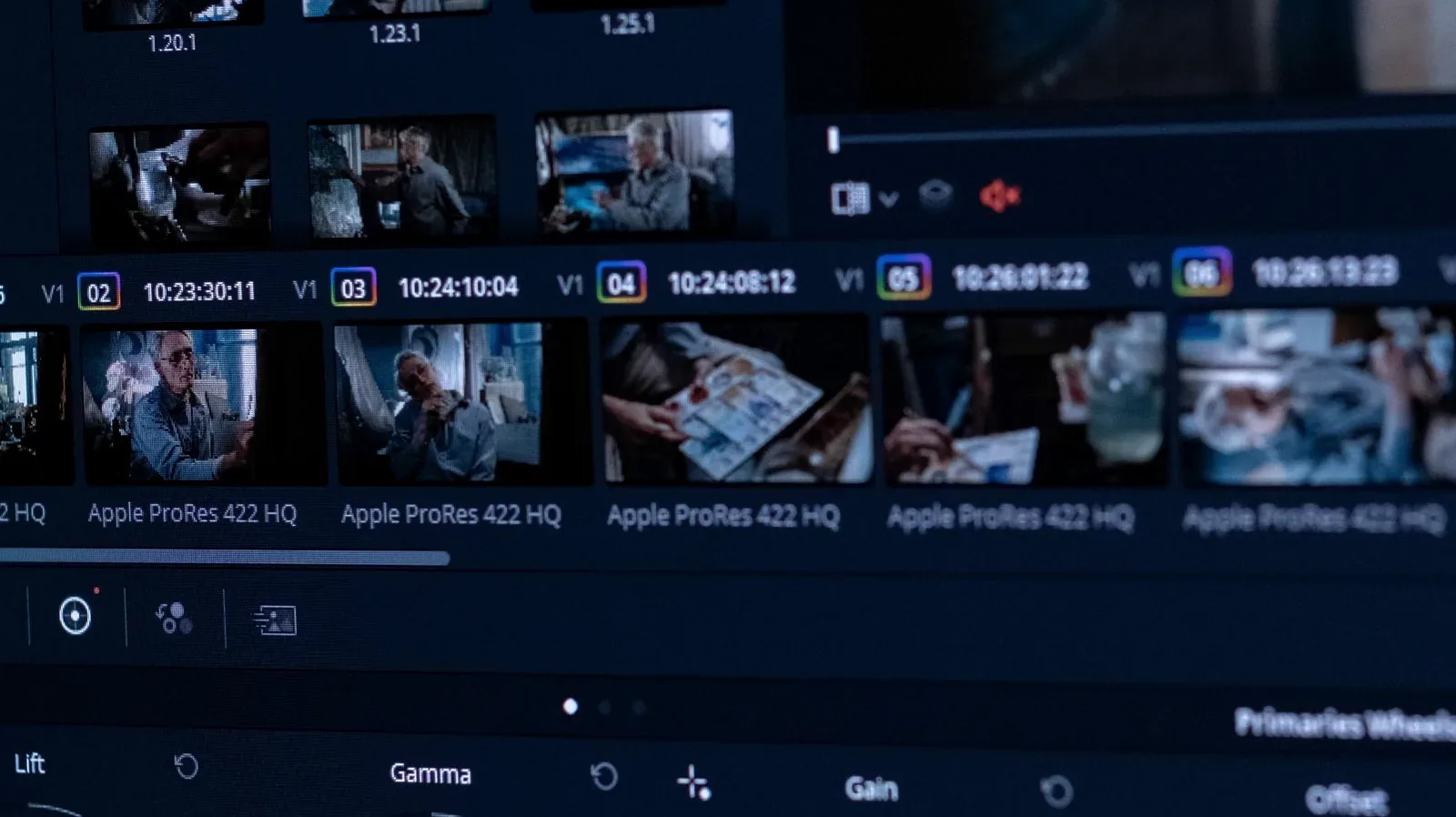 A colour grading panel with scopes and colour wheels