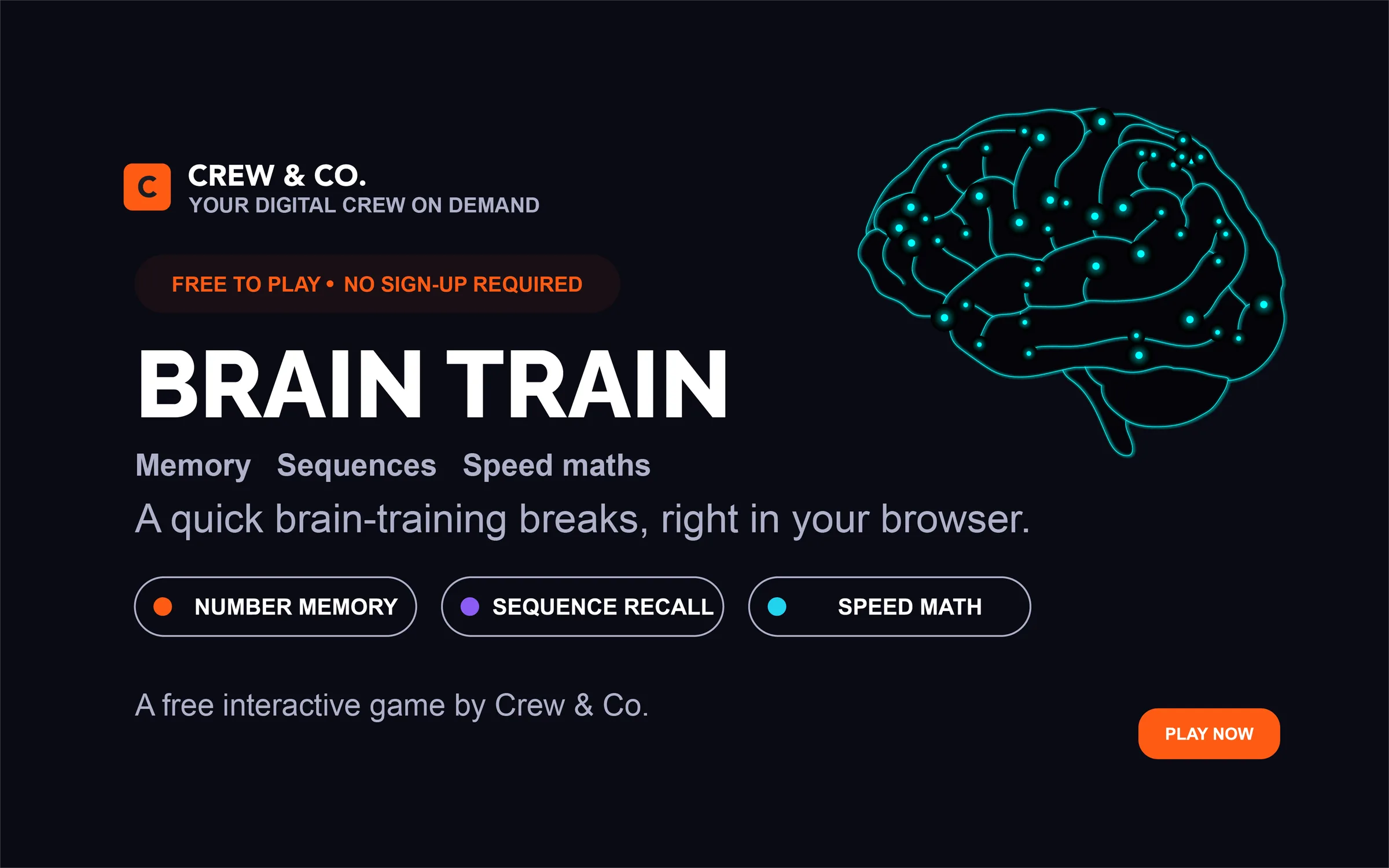 BrainTrain home screen with the four game modes