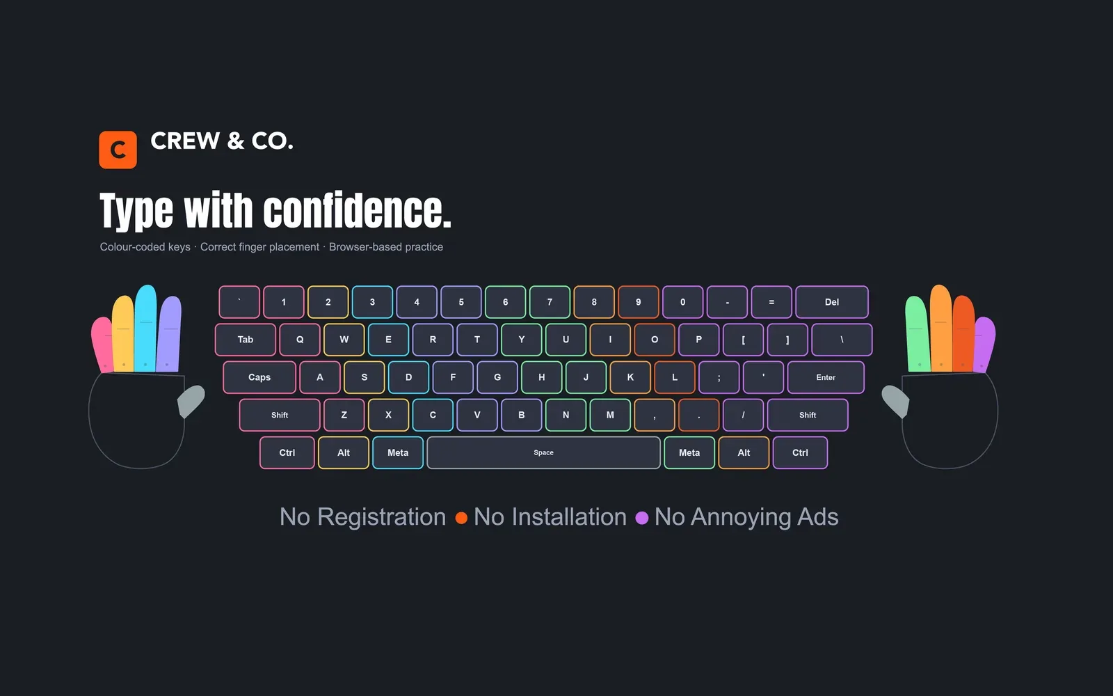 TypeCrew Typing Tutor running in a browser with the lesson menu